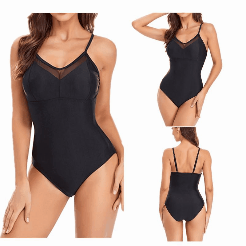 Elegant Mesh One-Piece Swimsuit – Solid Color Women’s Swimwear