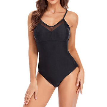 Elegant Mesh One-Piece Swimsuit – Solid Color Women’s Swimwear