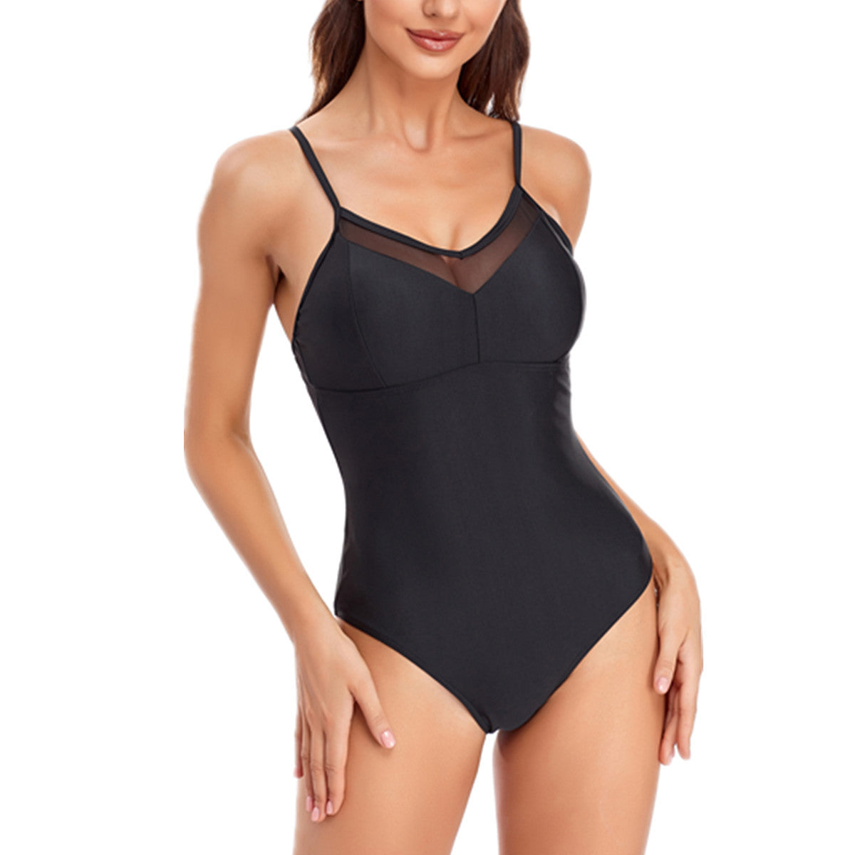 Elegant Mesh One-Piece Swimsuit – Solid Color Women’s Swimwear