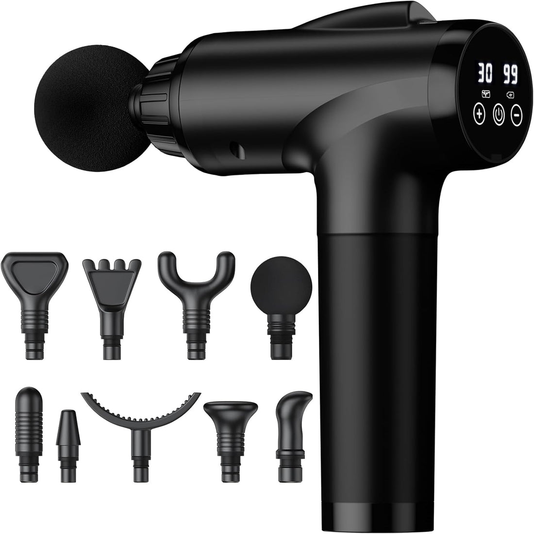 Black massage gun with various attachments on a white background