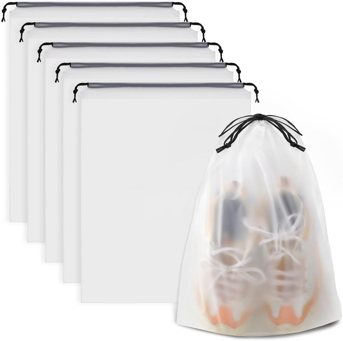 Set of white mesh storage bags with drawstrings on a white background