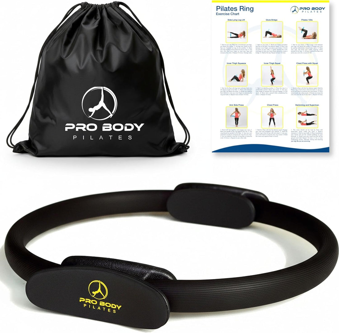 Pro Body Pilates Pilates ring with drawstring bag and exercise chart on a white background