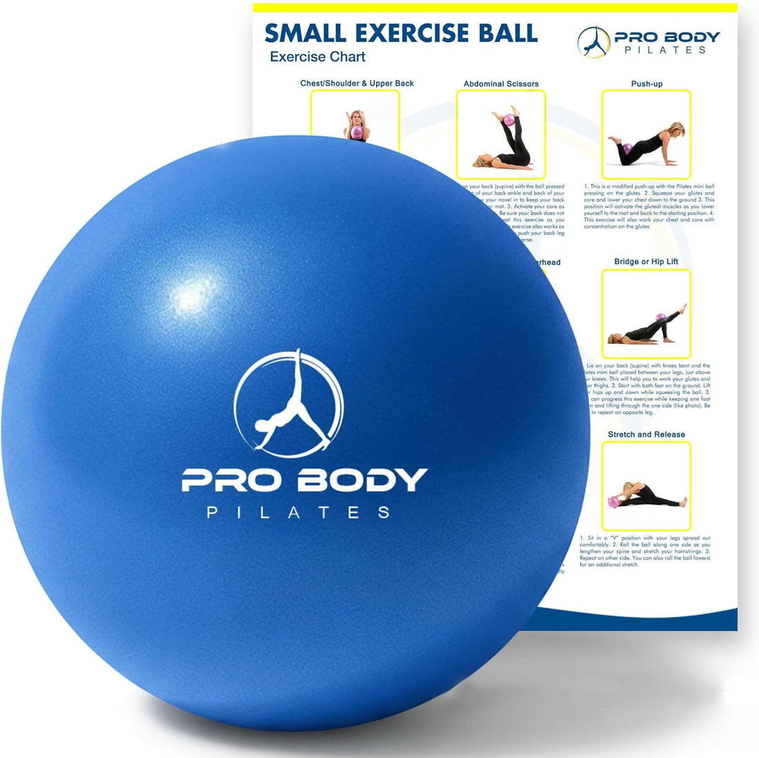 Blue exercise ball with 'Pro Body Pilates' logo next to an exercise chart on a white background