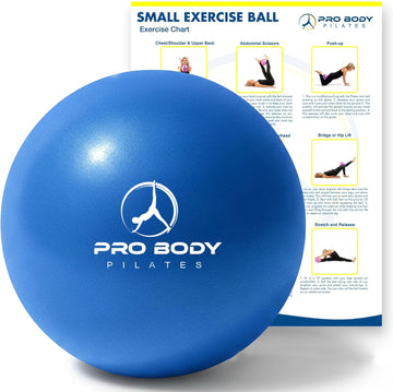 Blue exercise ball with 'Pro Body Pilates' logo next to an exercise chart on a white background