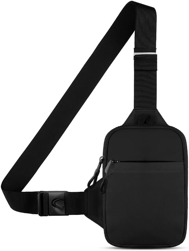 Black sling bag with a strap on a white background