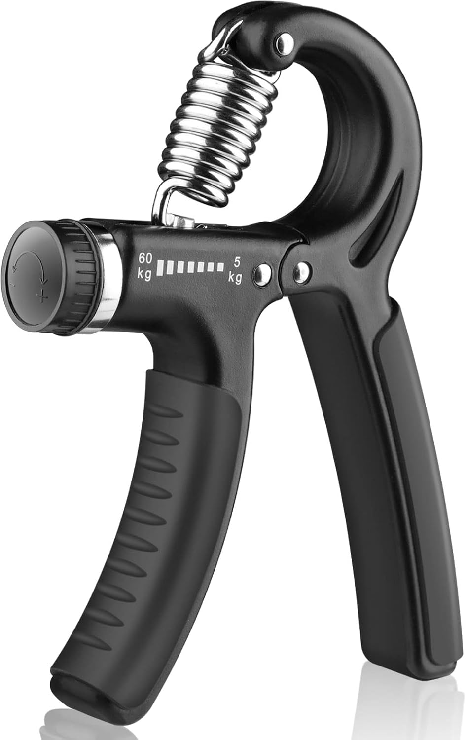 Black hand grip strengthener with spring mechanism on a white background