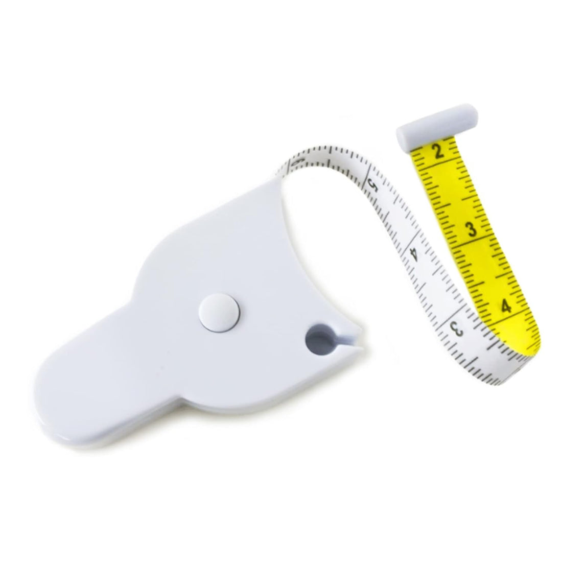 White tape measure with yellow measuring scale on a white background