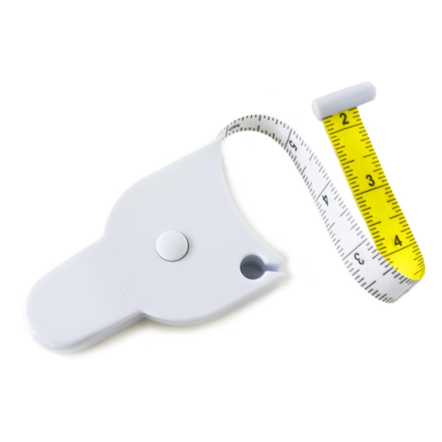 White tape measure with yellow measuring scale on a white background