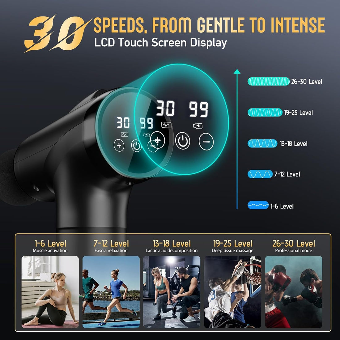 Black massage gun with various attachments on a white background