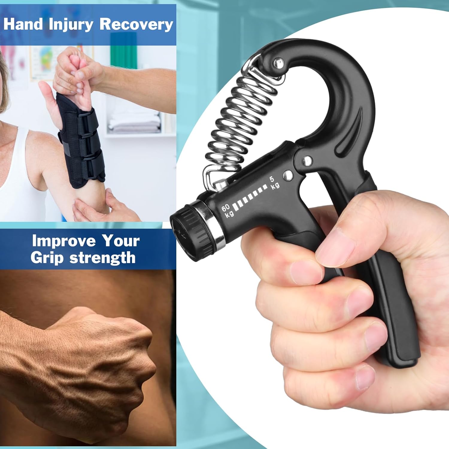 Hand grip strengthener being used with text about hand injury recovery and improving grip strength.