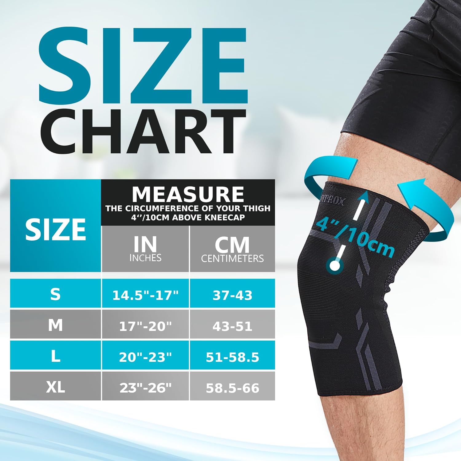 Knee brace size chart with measurement guide on a light blue background