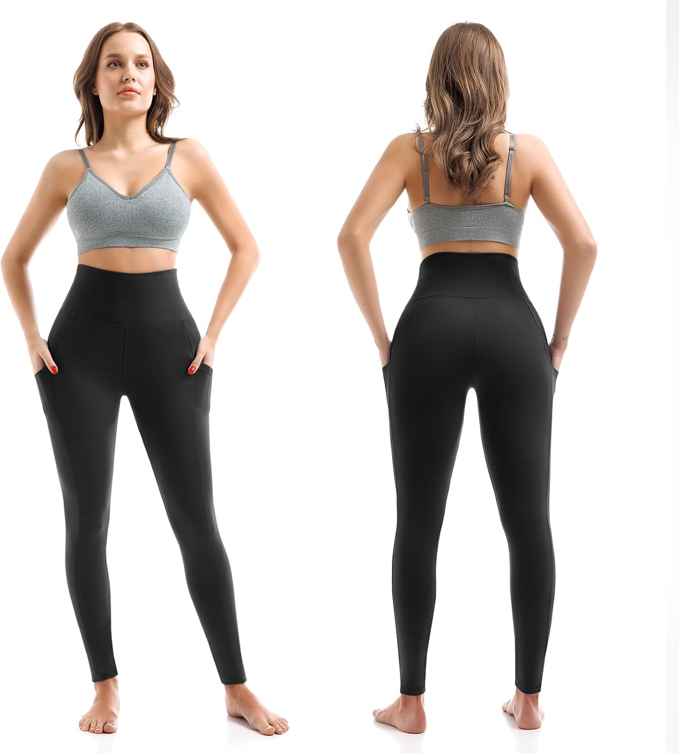 Woman wearing a gray sports bra and black leggings, shown from front and back on a white background.
