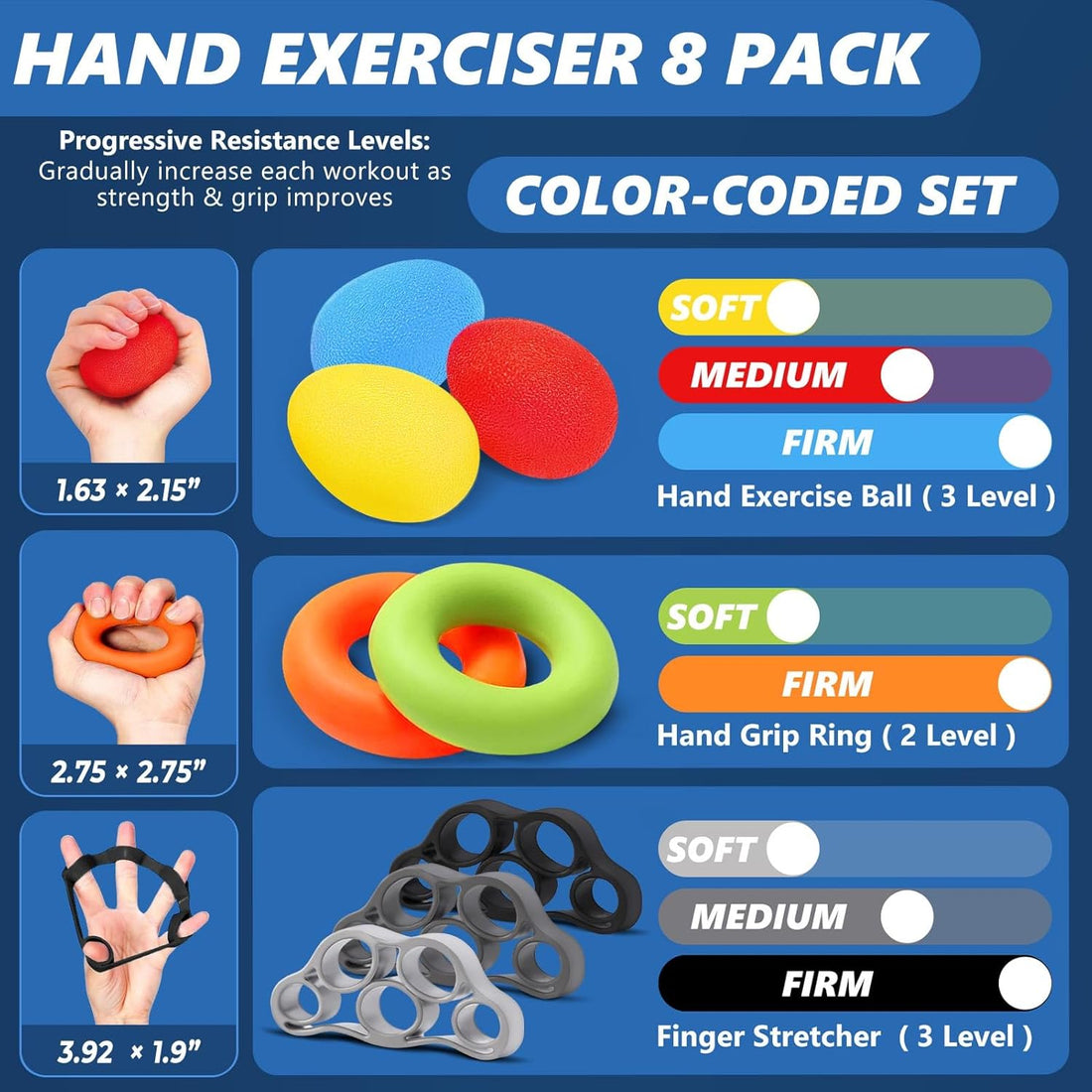 8-Pack Grip Strength Trainer & Forearm Strengthener Kit