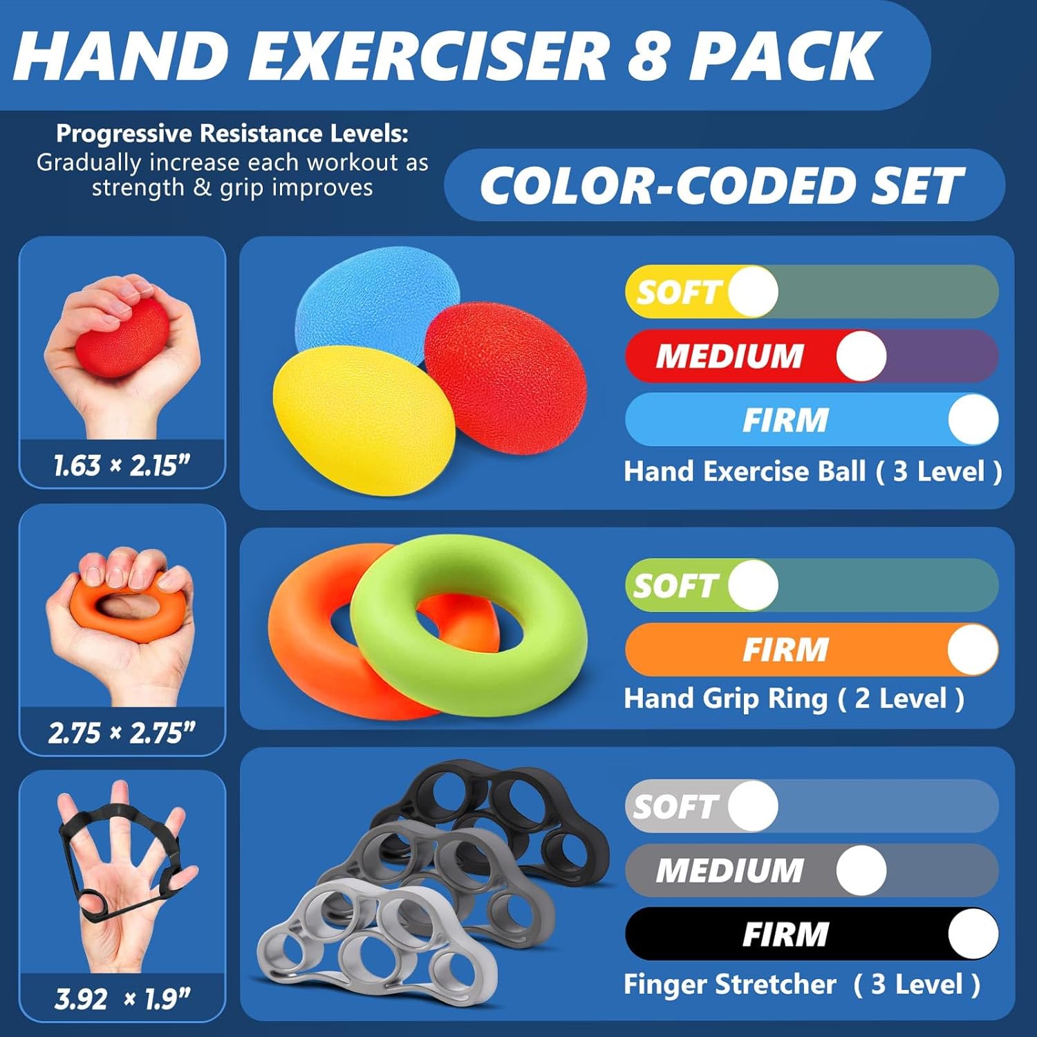 8-Pack Grip Strength Trainer & Forearm Strengthener Kit