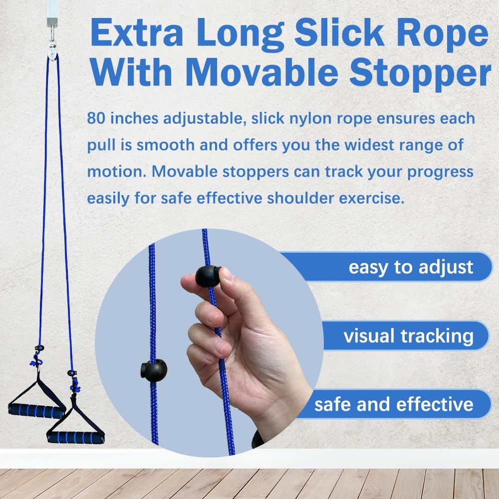Extra long slick rope with movable stopper for shoulder exercise, featuring text on benefits.