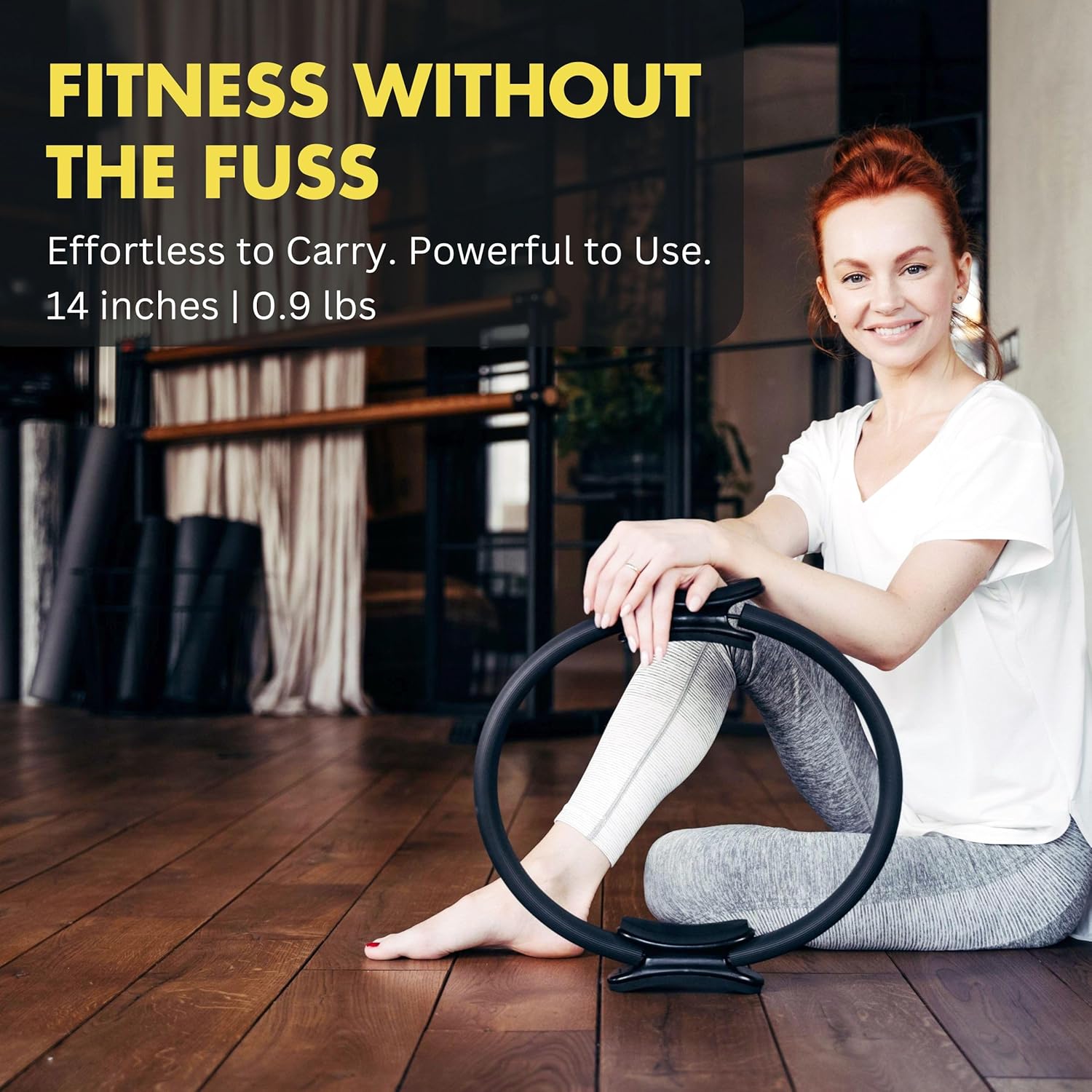 Woman sitting on a wooden floor with a black exercise ring, promotional text about fitness product.
