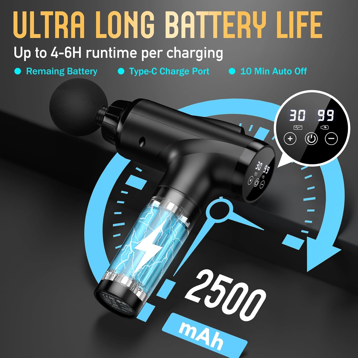 Black massage gun with digital display on a dark background, highlighting battery life and features.