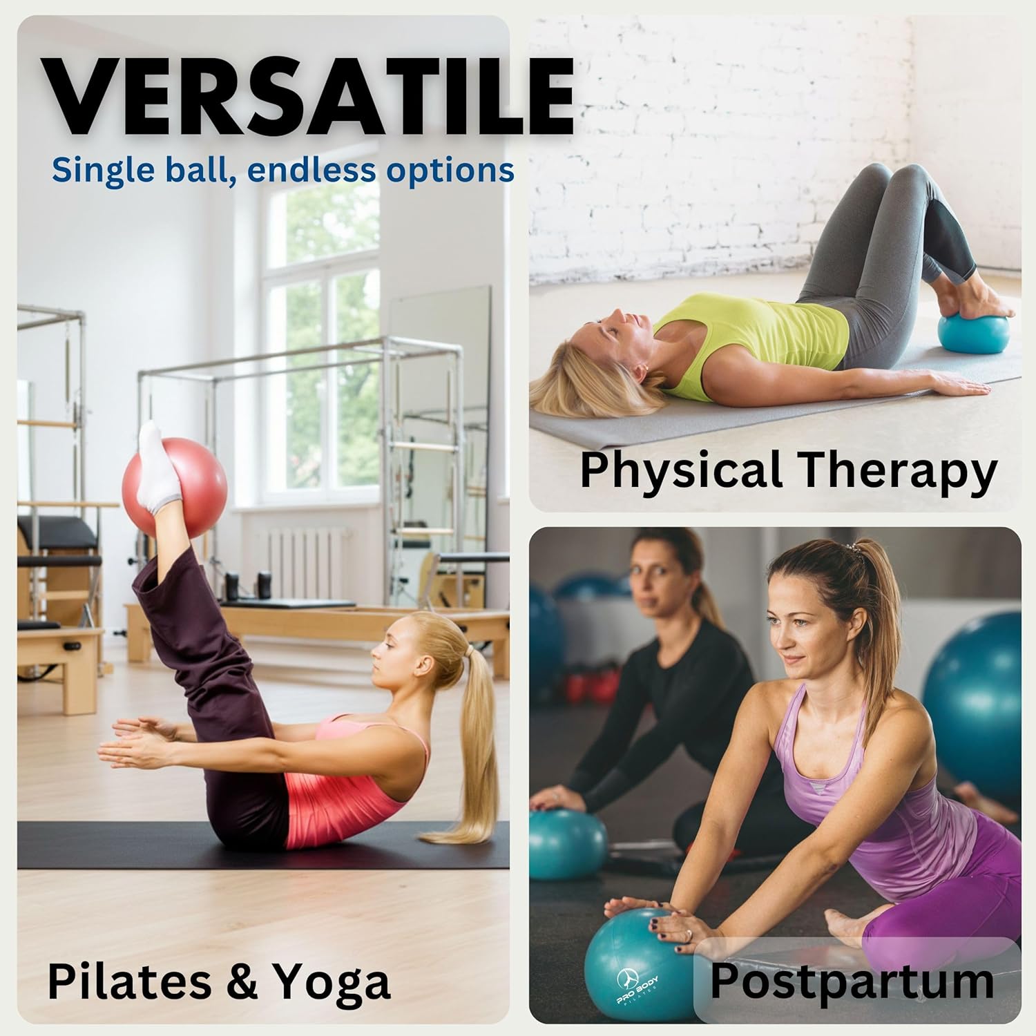 Collage of people using exercise balls for Pilates, Yoga, Physical Therapy, and Postpartum exercises.