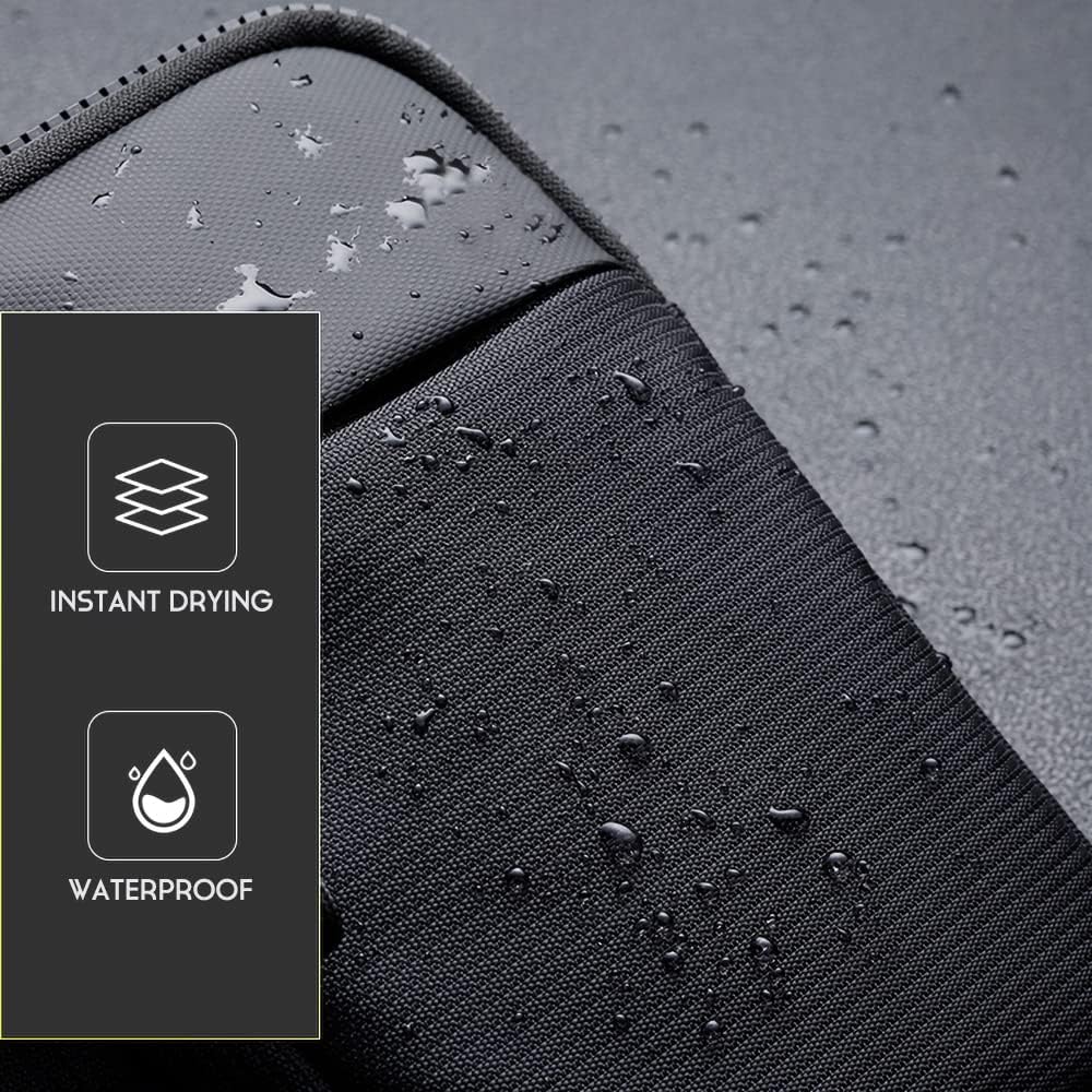 Textured black surface with water droplets and icons indicating instant drying and waterproof properties.
