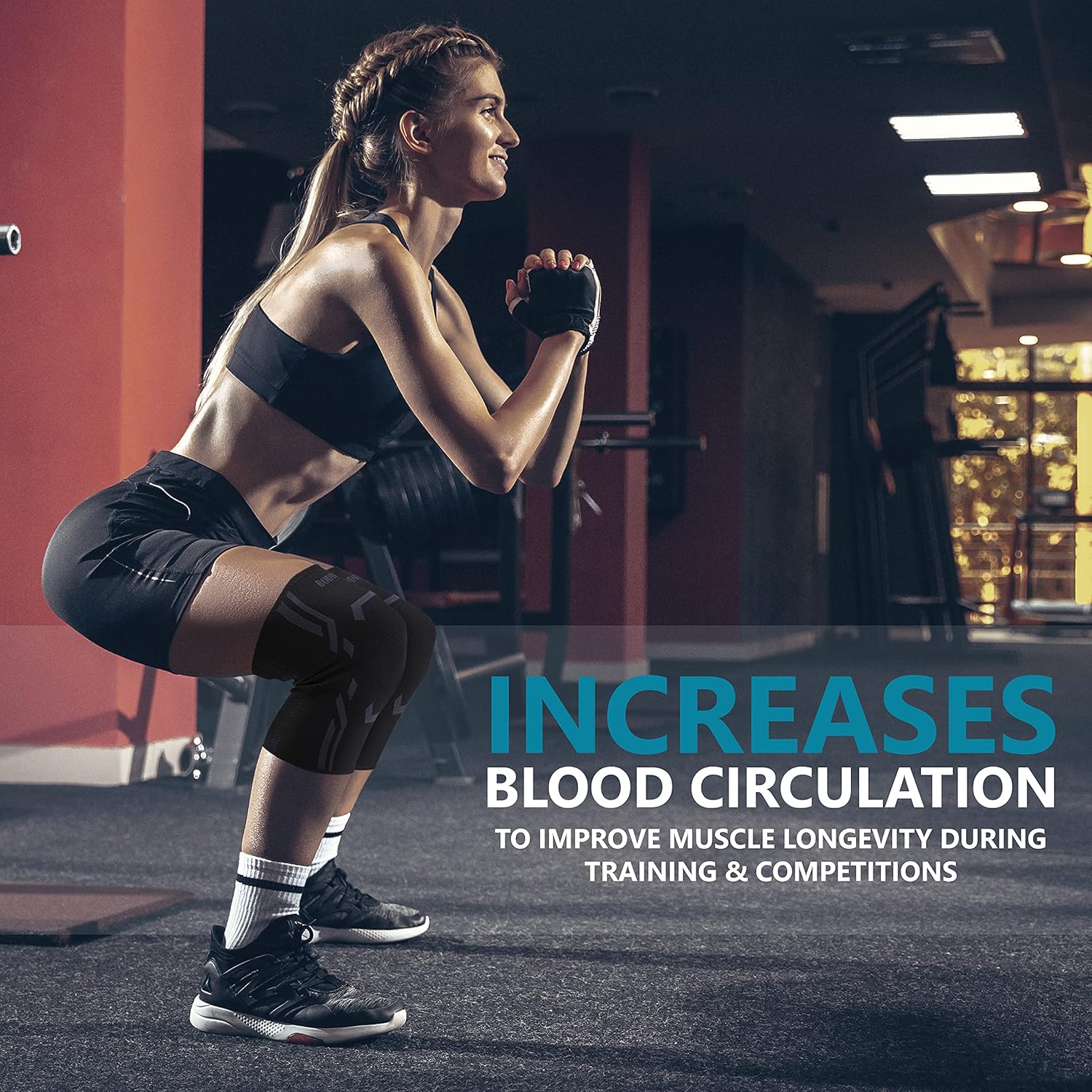 Woman in a gym performing a squat exercise with text about blood circulation benefits.
