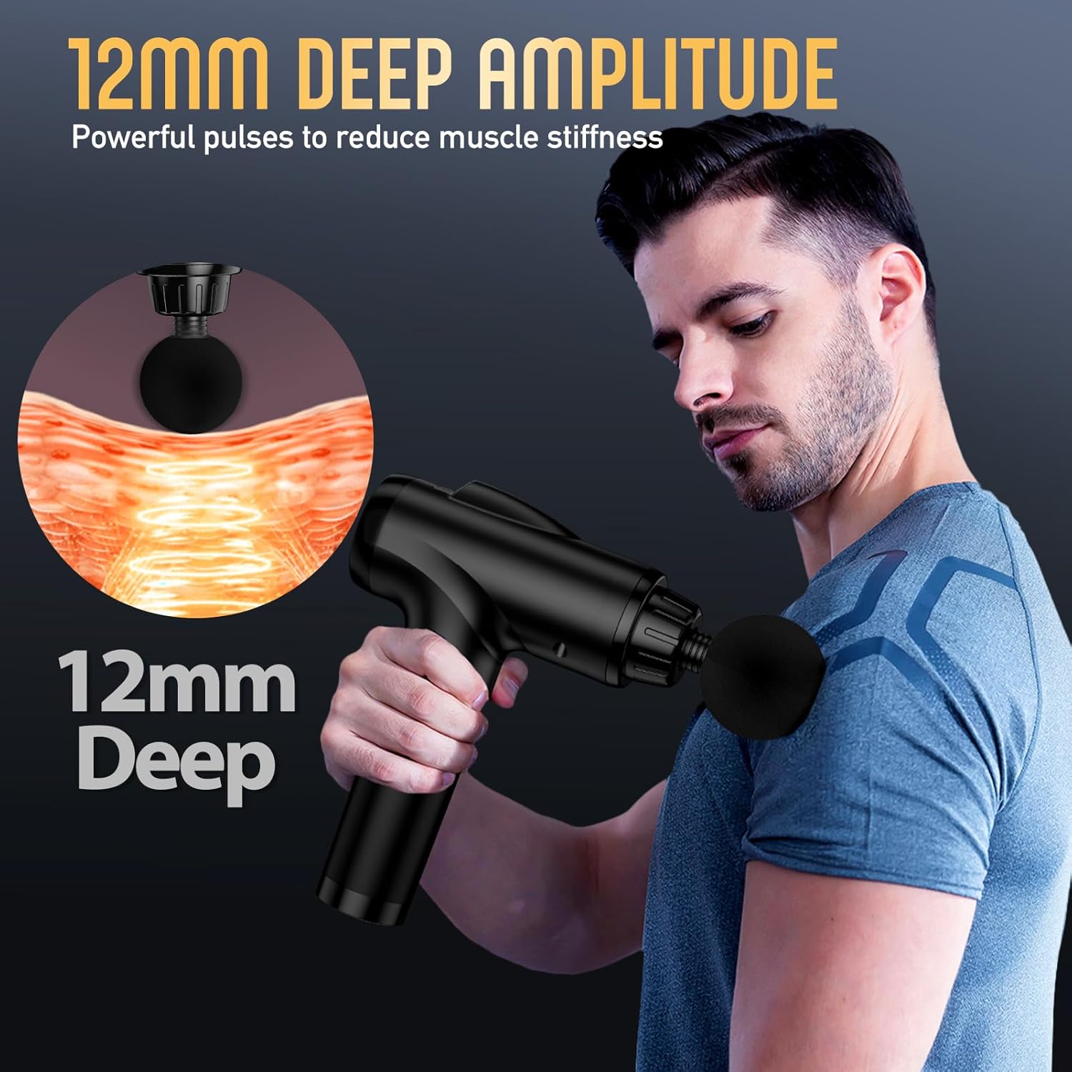 Man using a black massage gun with text about 12mm deep amplitude on a dark background