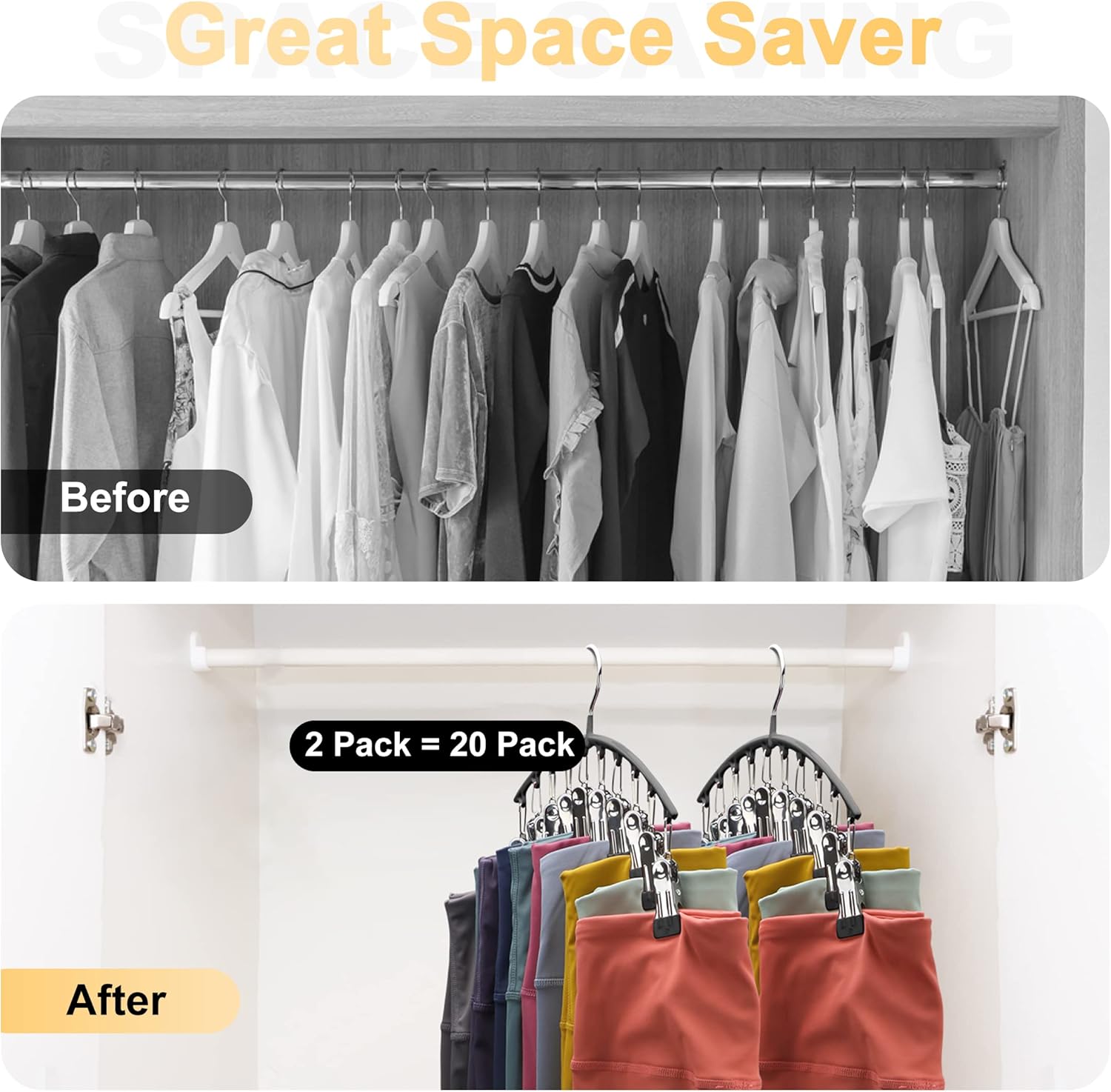 Closet organization system showing before and after with text 'Great Space Saver' and '2 Pack = 20 Pack'.