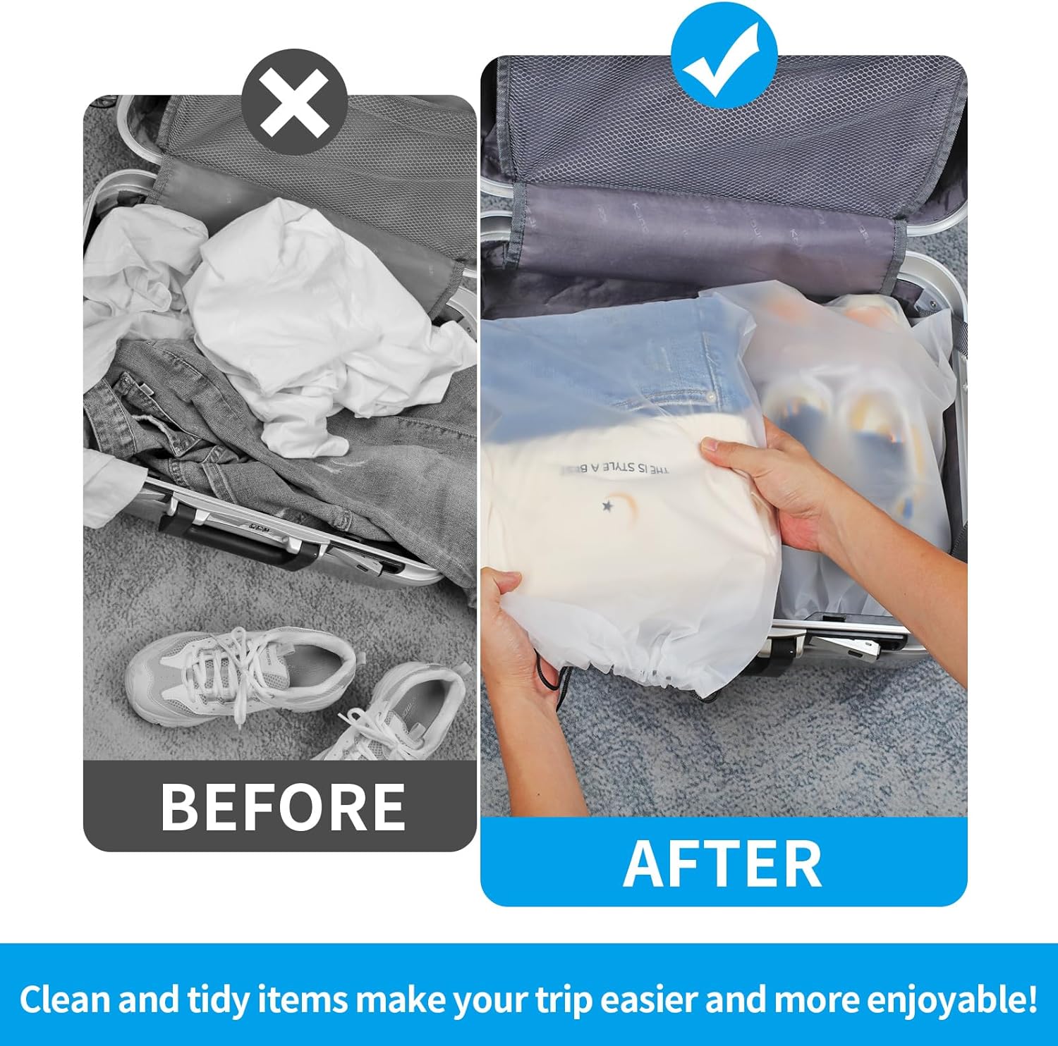 Comparison of a messy suitcase labeled 'Before' and a neatly packed suitcase labeled 'After', with text encouraging cleanliness.