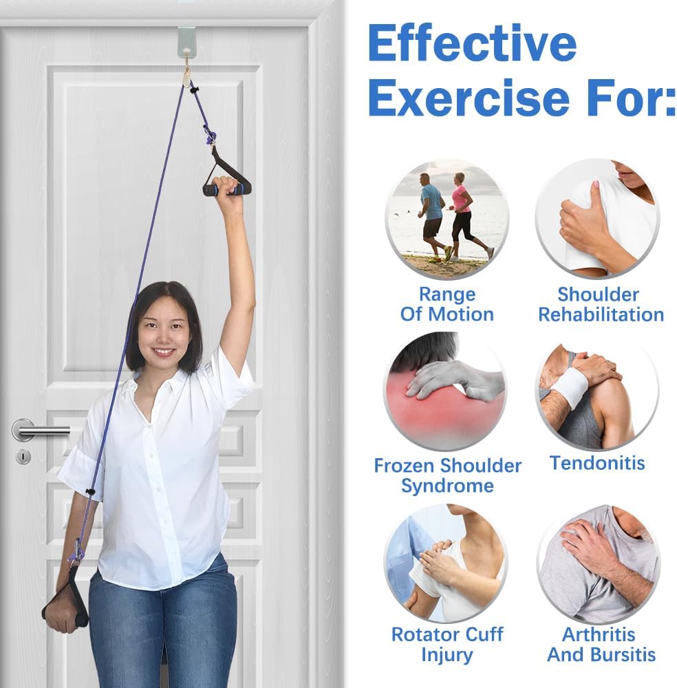 Woman using a door exercise device with health benefits displayed on the right.
