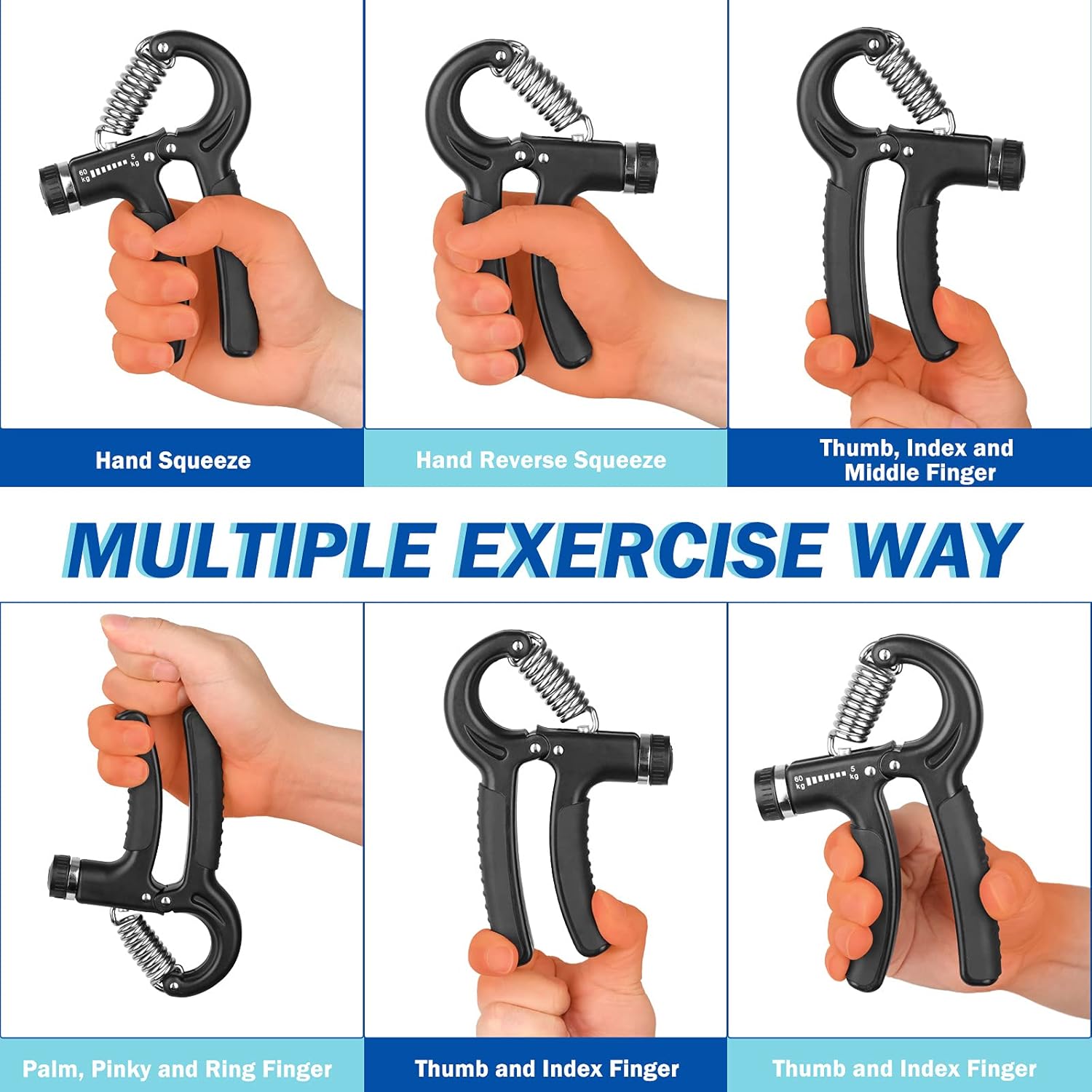Hand grip trainer being used on different fingers with text indicating multiple exercise methods.