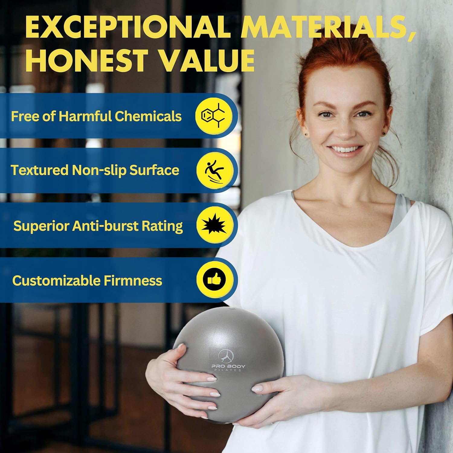 Woman holding a gray ball with text about product features on a blurred background