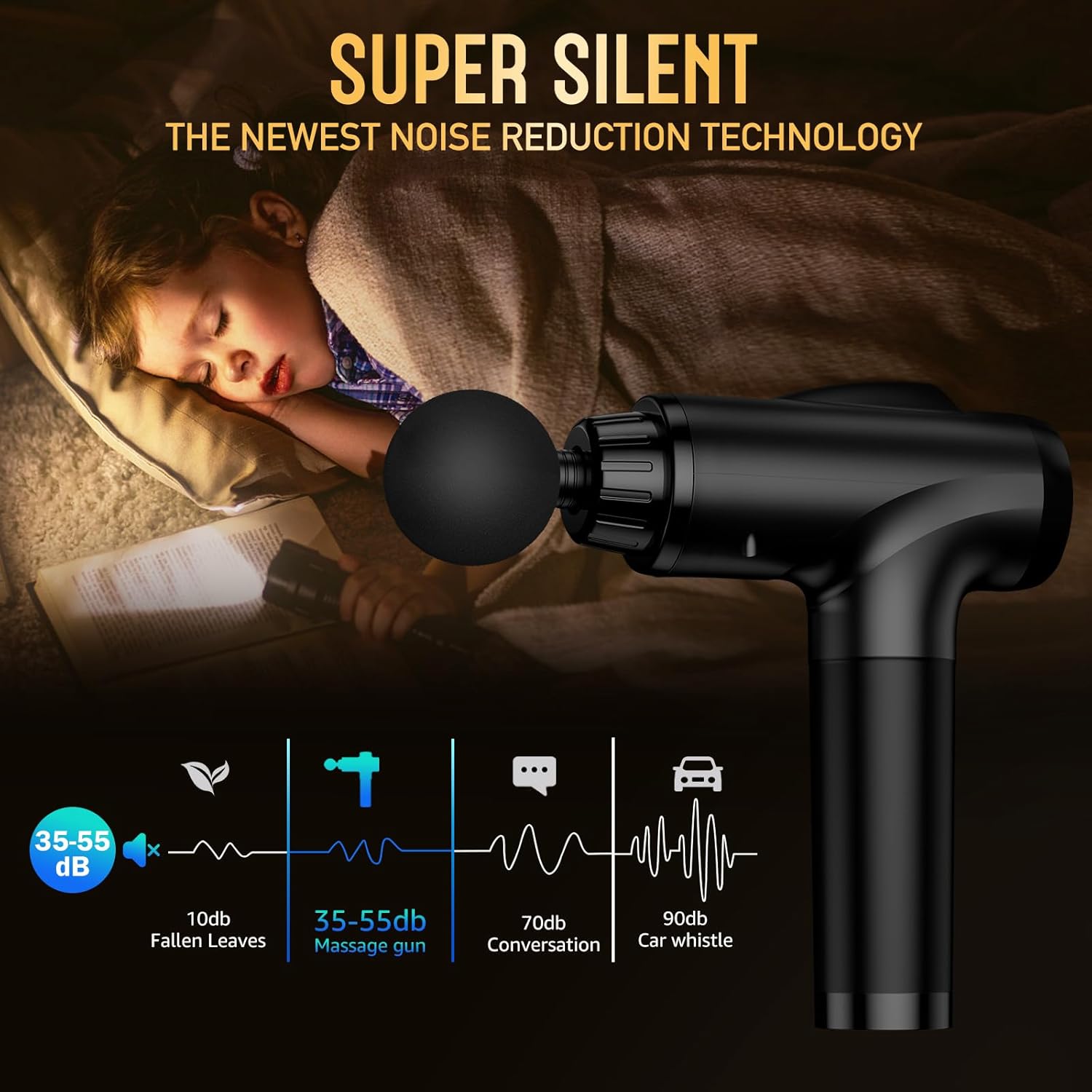 Child sleeping with a noise reduction device, emphasizing super silent technology.