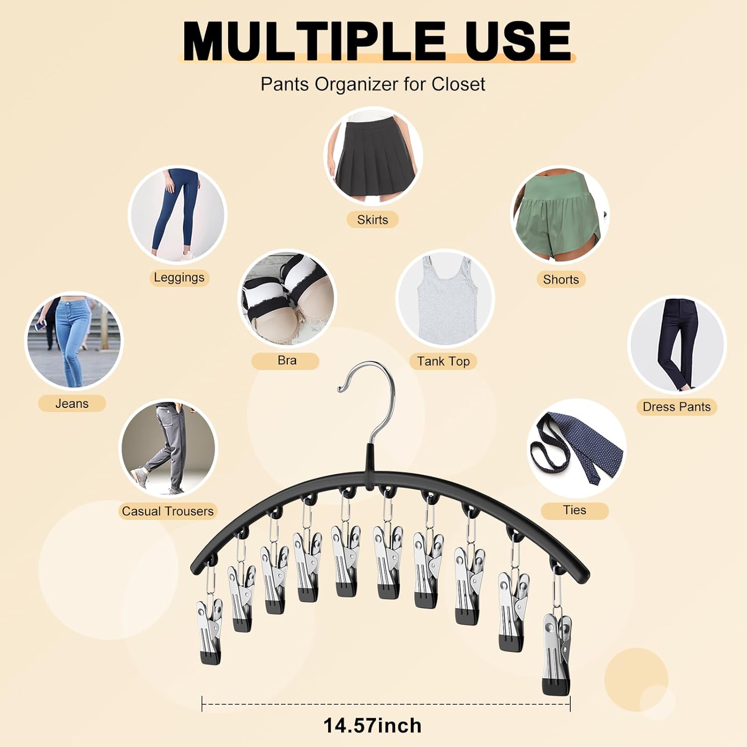 Pants organizer with various clothing items and a hook for hanging clothes on a beige background.