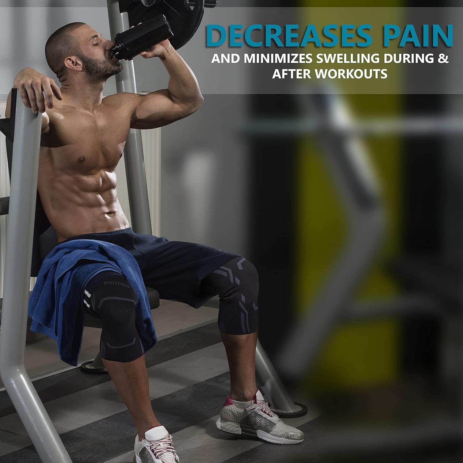 Man exercising with text about pain reduction and swelling minimization during workouts