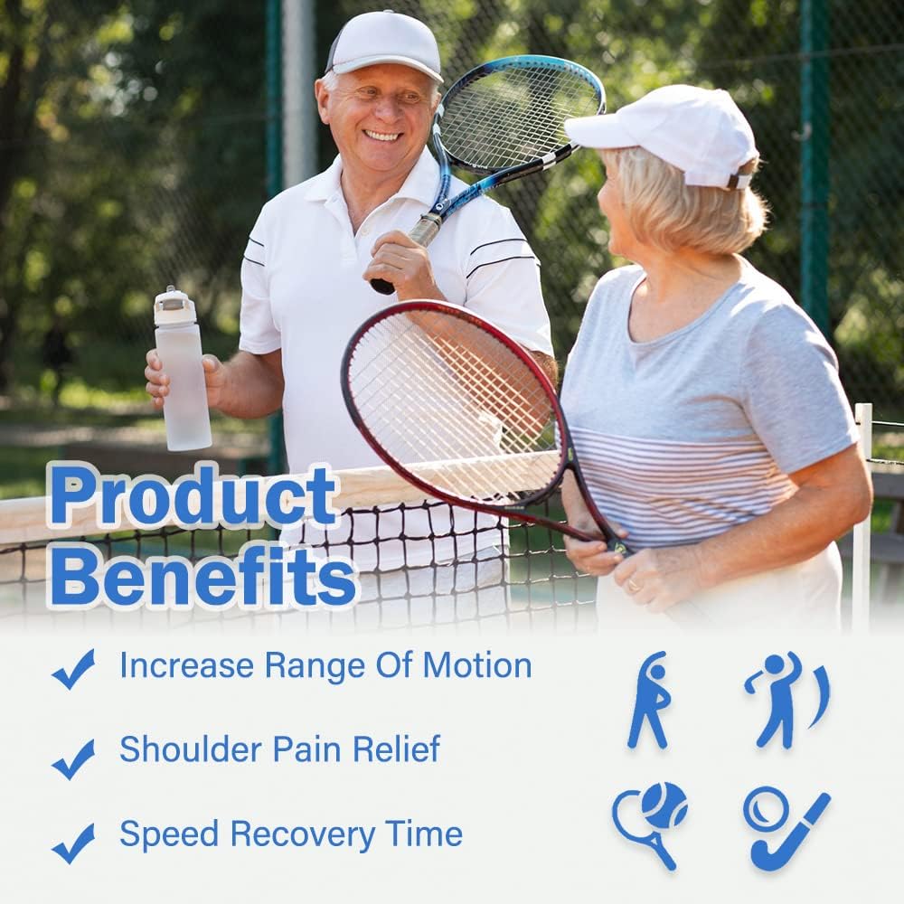 Two people on a tennis court with text about product benefits