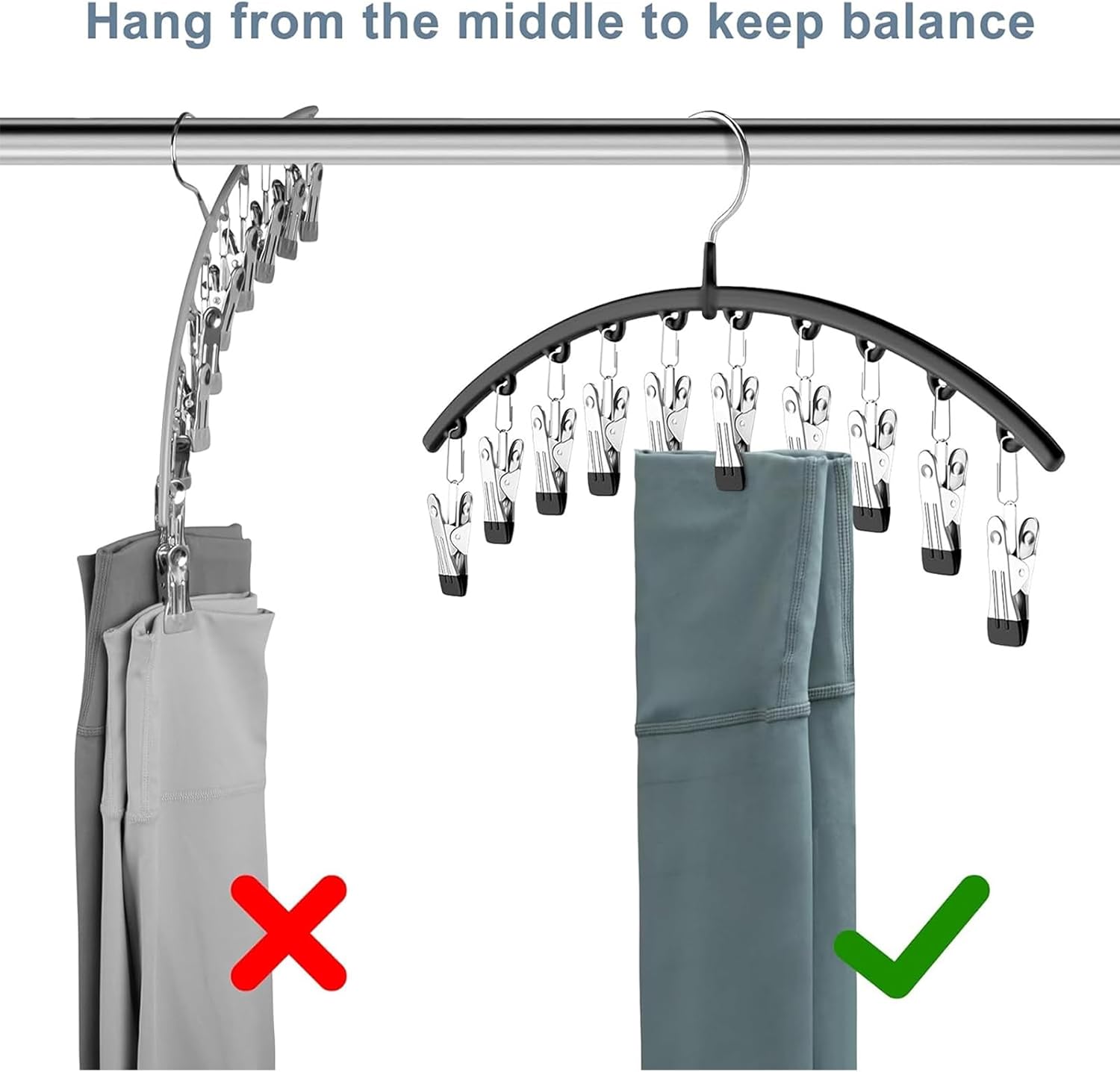 Hanging clothes on a circular hanger with text indicating correct and incorrect methods.