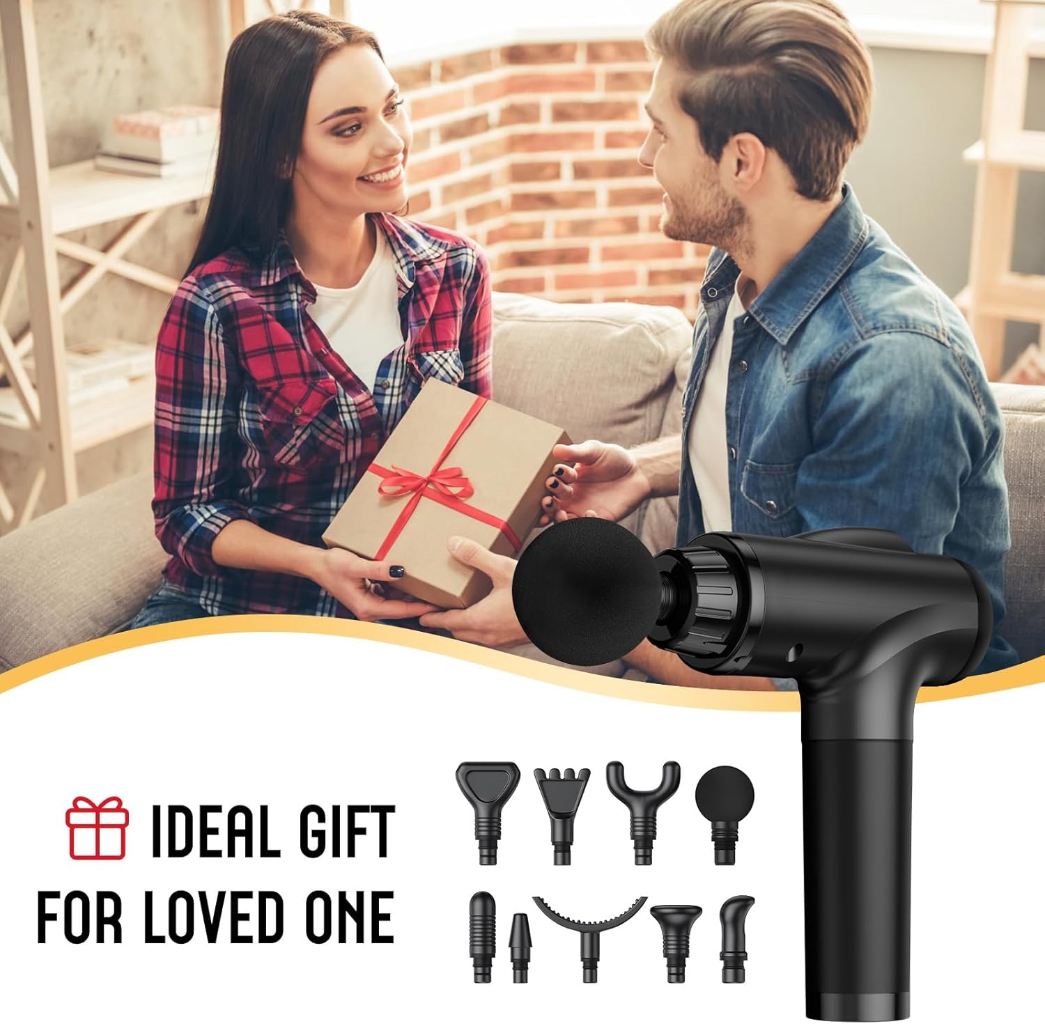 Man giving a gift to a woman with a black handheld tool and attachments on a white background.