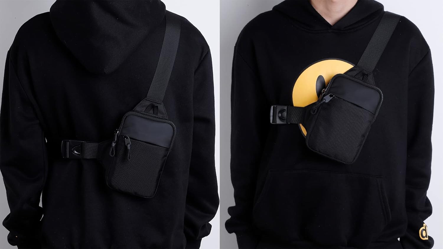 Black crossbody bag worn by a person in two different poses against a neutral background.