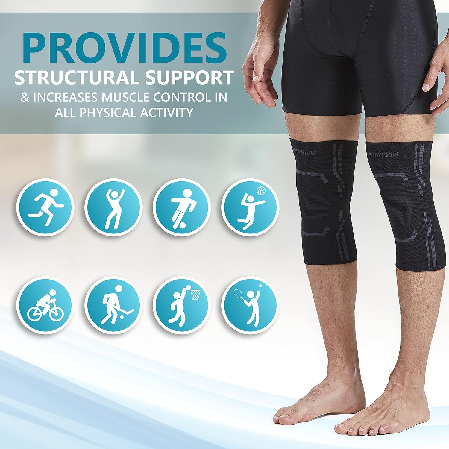 Person wearing black compression shorts with text about support and muscle control in physical activity.