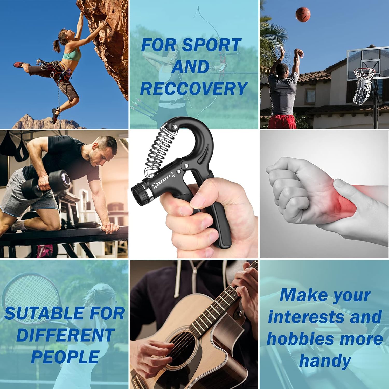 Collage of images showing people engaging in various activities with a focus on hand strength and recovery equipment.