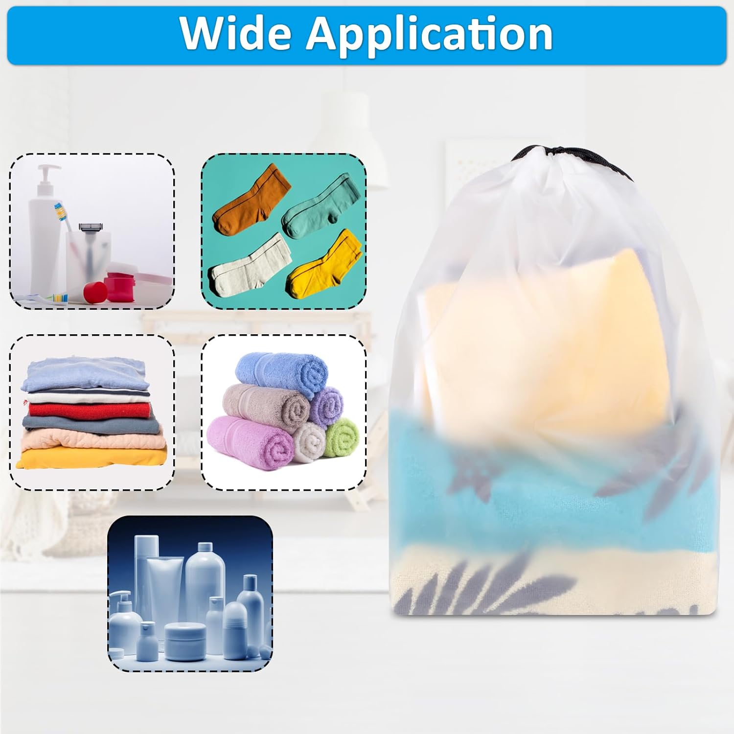 Mesh laundry bag with various items inside, including clothes and bottles, on a white background.