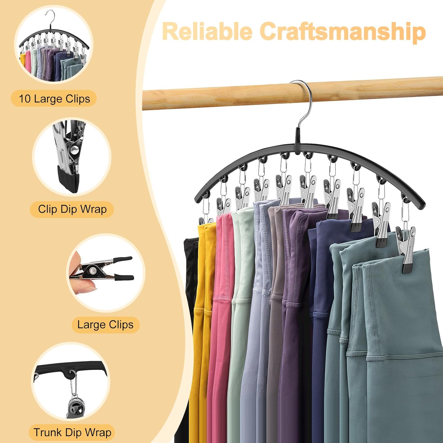 Hanger with pants and large clips on a beige background with text about reliable craftsmanship.