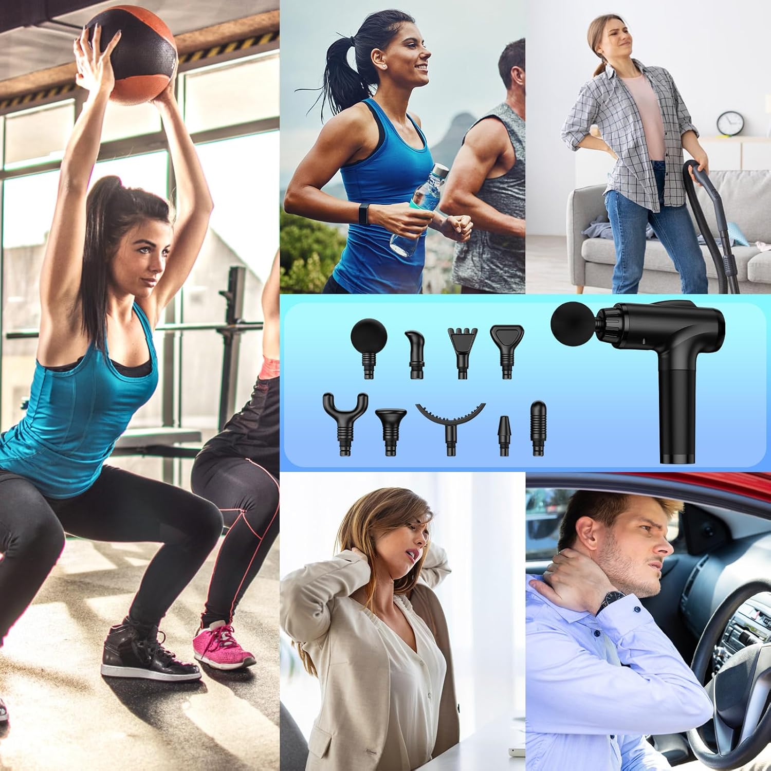 Collage of people exercising, a woman with a massage gun, and various attachments for the massage gun.