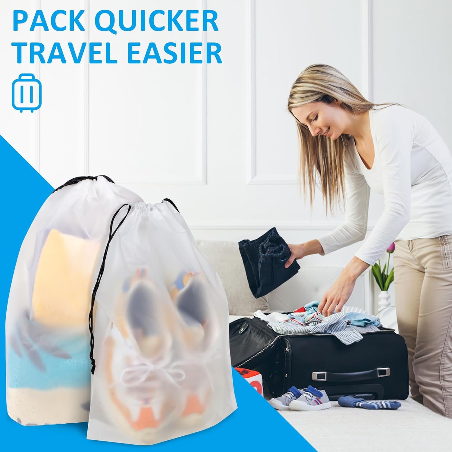 Woman packing a suitcase with a shoe bag next to her, text 'Pack Quicker Travel Easier'.