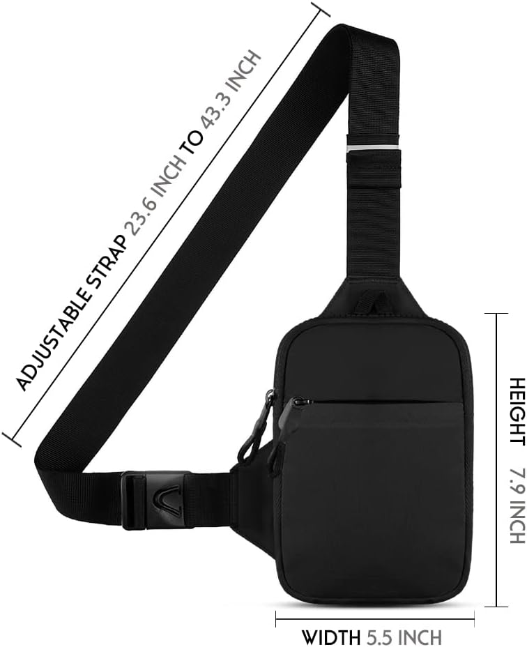 Black sling bag with adjustable strap and measurements on a white background