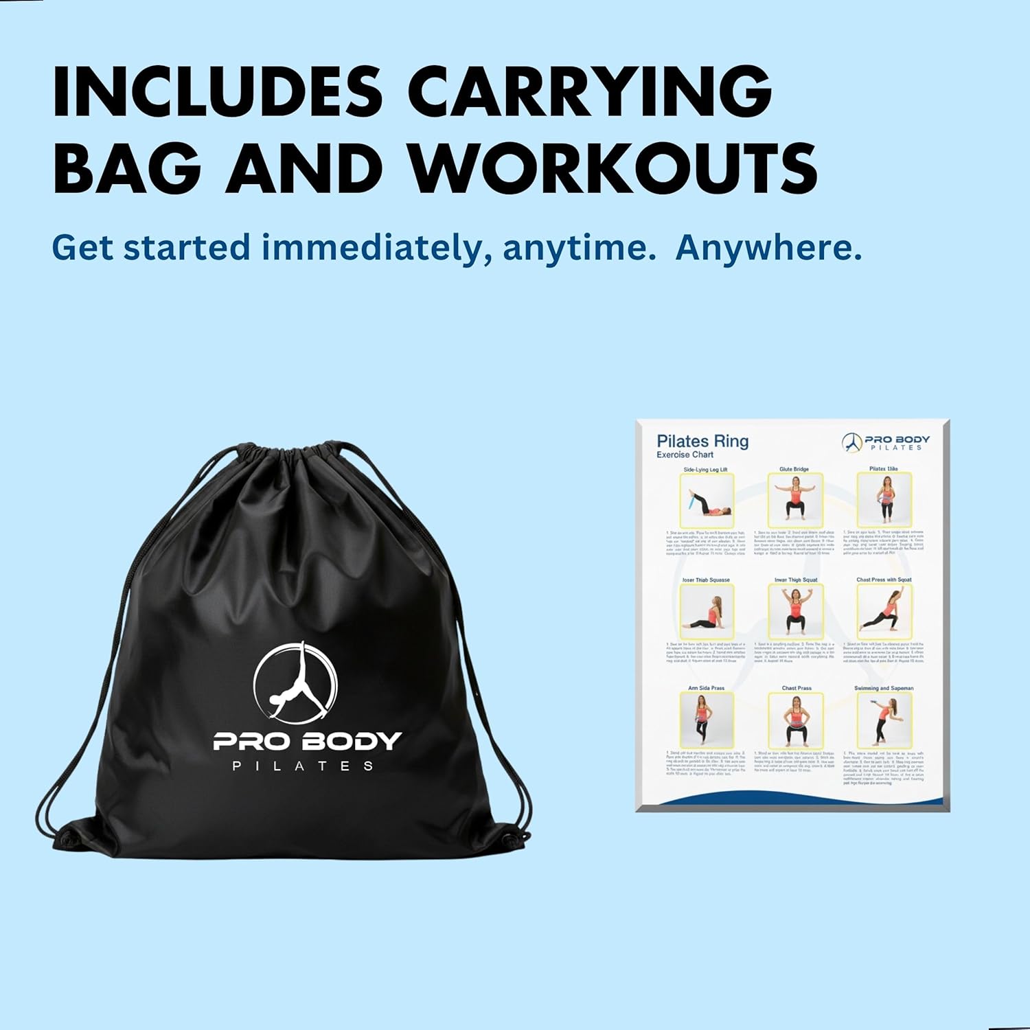 Black carrying bag with Pro Body Pilates logo and workout guide on a light blue background