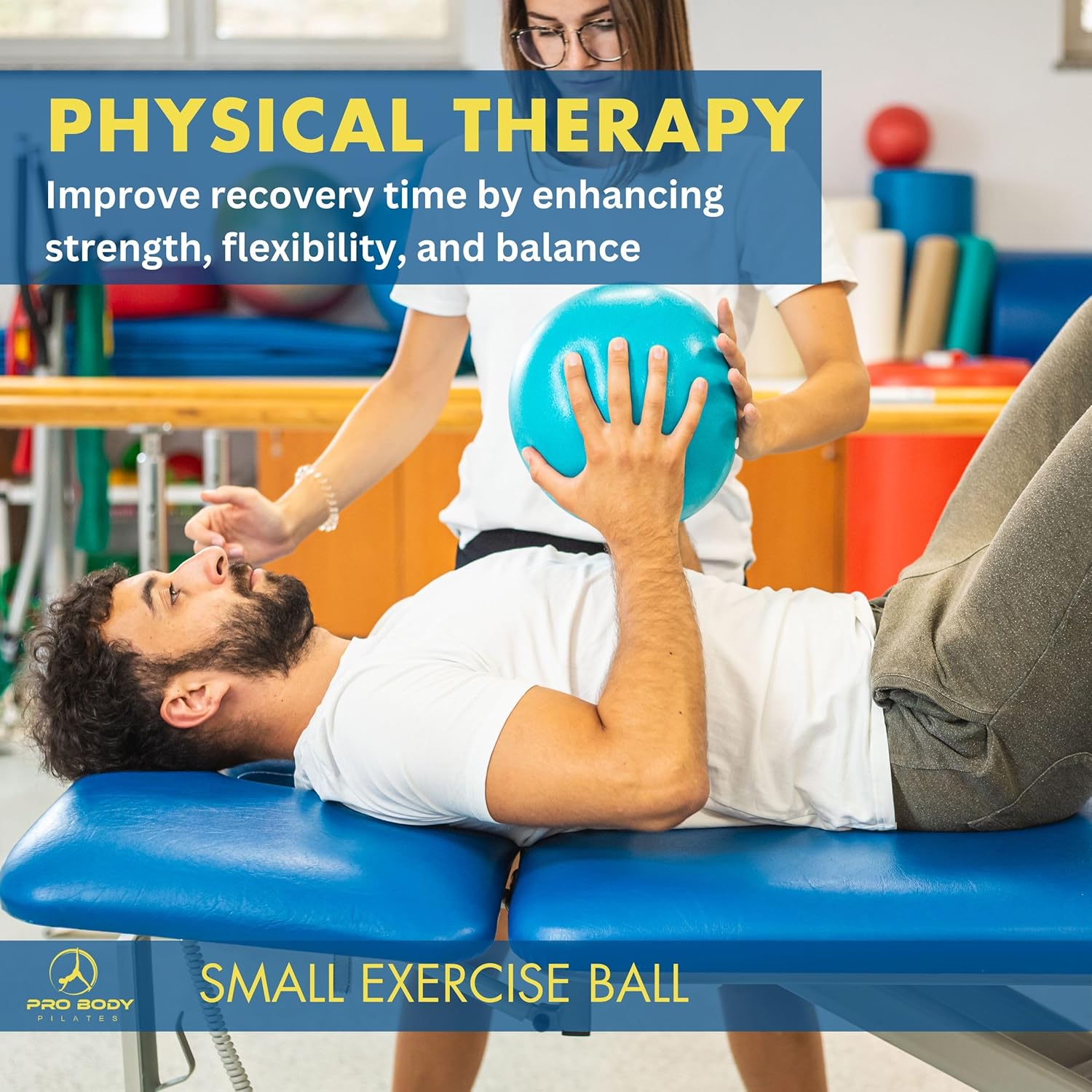 Person receiving physical therapy with a small exercise ball in a clinic setting.