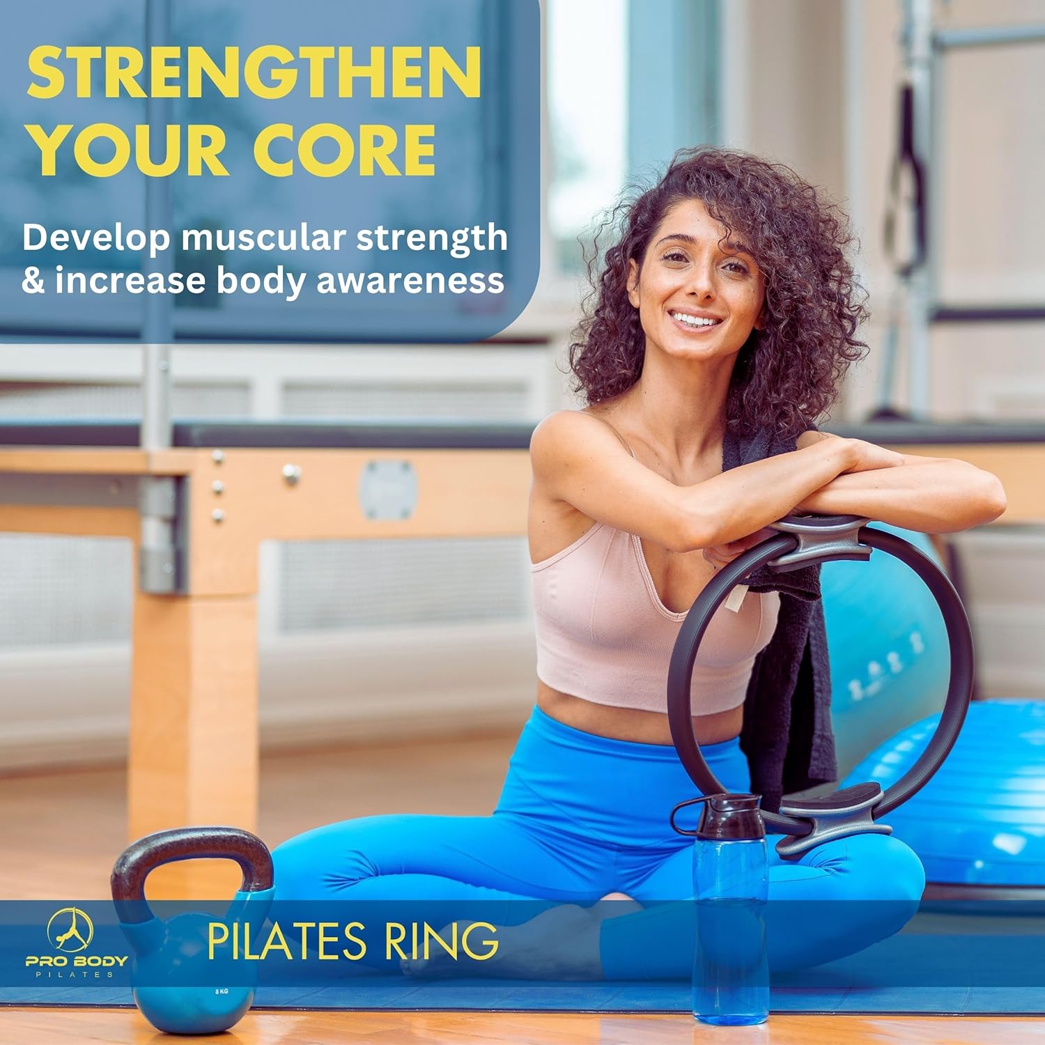 Woman using a Pilates ring with text promoting core strength and body awareness.