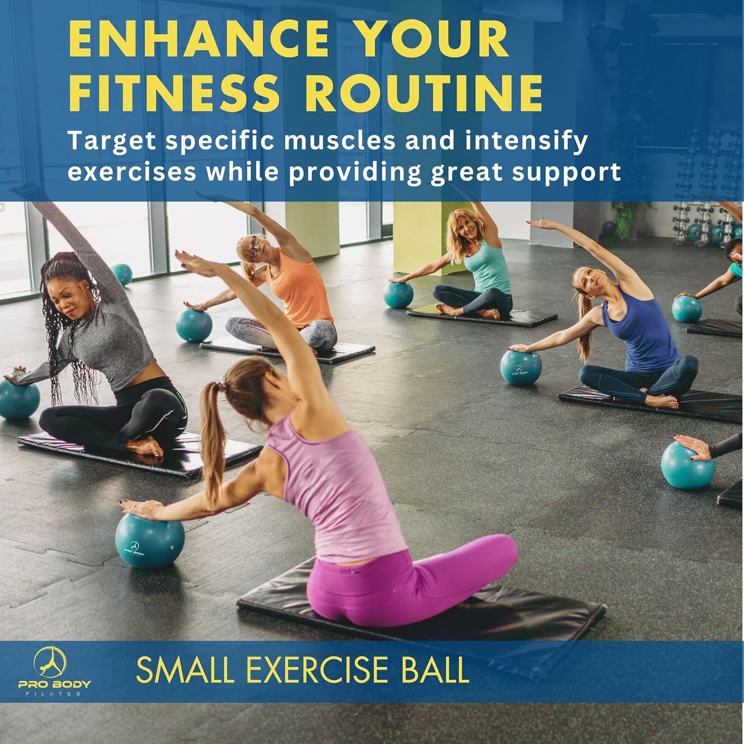 Group of people exercising with small exercise balls in a fitness setting, promoting the use of small exercise balls for enhancing fitness routines.