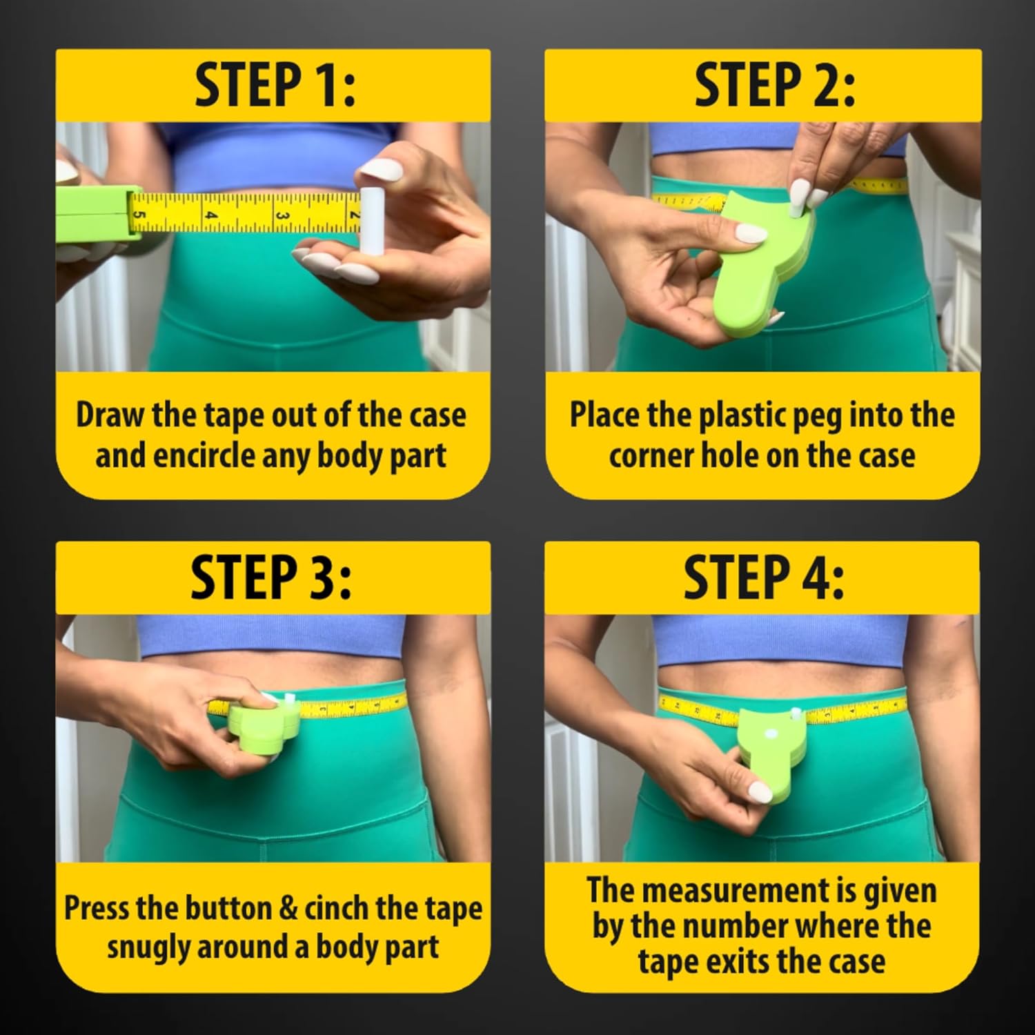 Instructions for using a measuring tape with a plastic peg on a black background