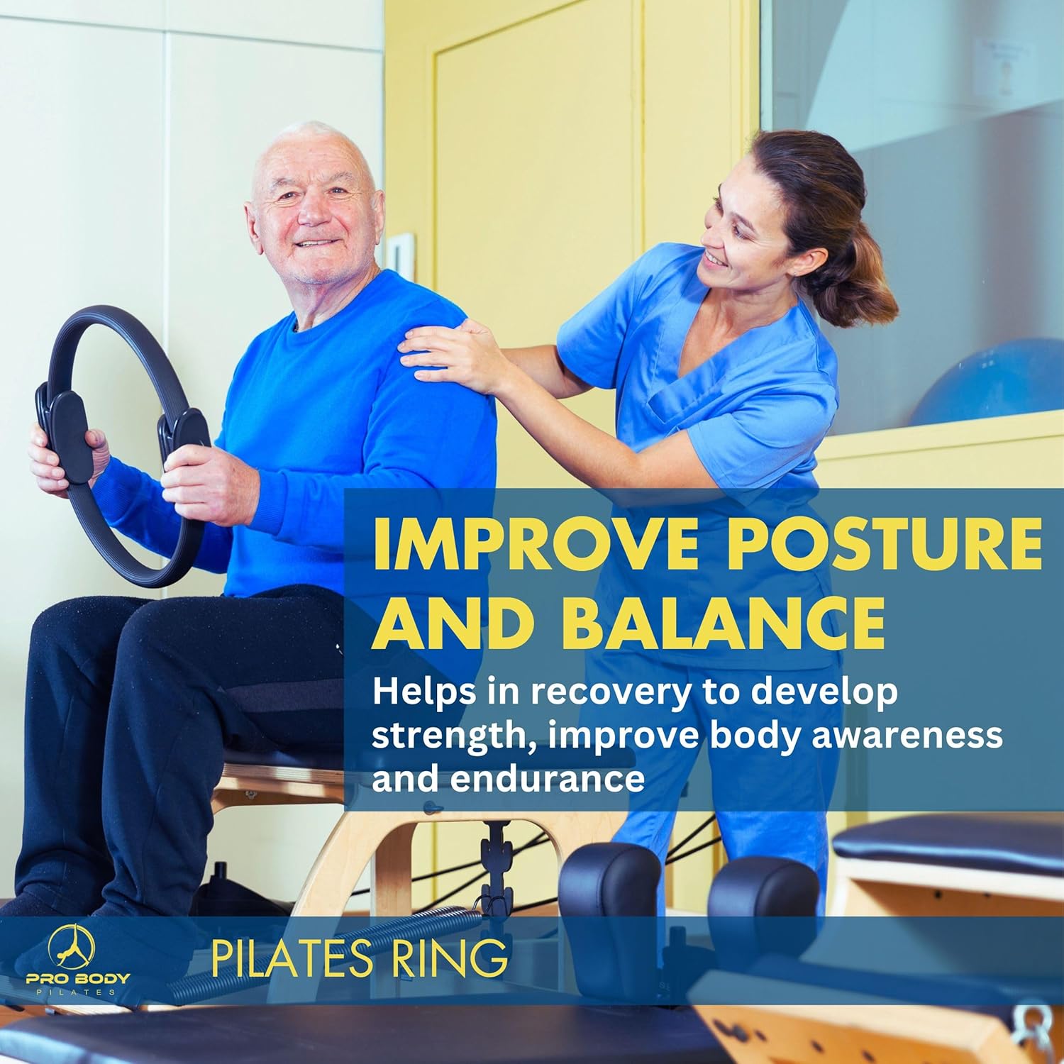 Person using a Pilates ring with a trainer in a clinical setting, promoting posture and balance improvement.